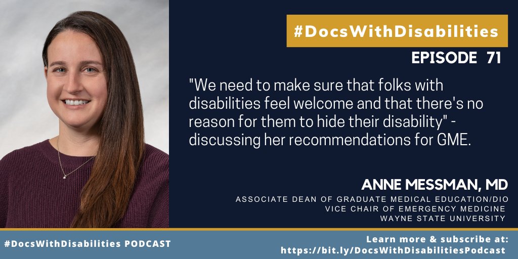 Our next episode aligns perfectly with our #July #GME theme. In episode 71, Dr. Anne Messman from @waynemedicine discusses her goal of reducing disability stigma for residents entering #GME. 👉bit.ly/DWD_Podcast_Ep… #GME #Residency #DocsWithDisabilities #EmergencyMedicine