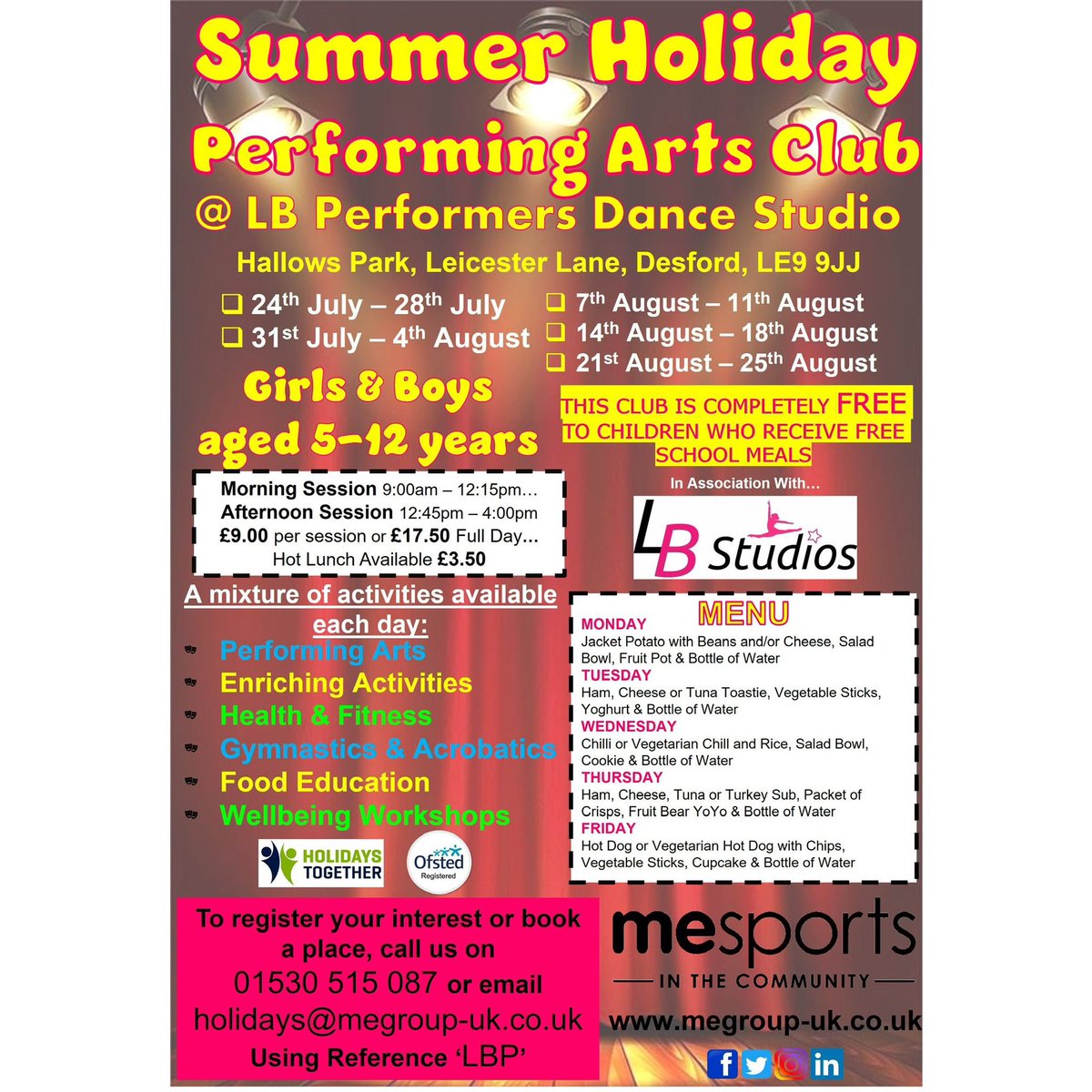 🎬DESFORD SUMMER HOLIDAY CLUB🎬

‼️STARTING NEXT WEEK‼️

Then come join us at L-B Dance Studio over the summer for 5 weeks packed with Performing Arts💃🏼

Book now to avoid disappointment!

📞Call us on 01530 515 087
📧Email us on holidays@megroup-uk.co.uk 
💬message us directly
