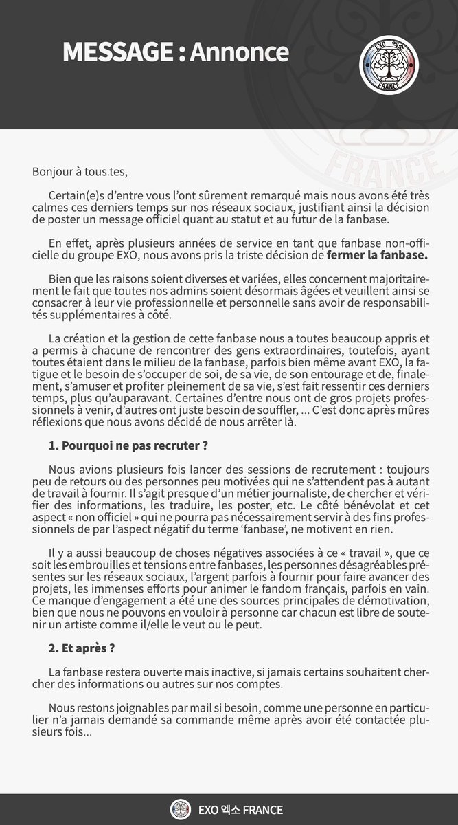 EXOFR_'s tweet photo. [❕] MESSAGE : Fermeture de la fanbase https://t.co/AfQp3t9cpZ