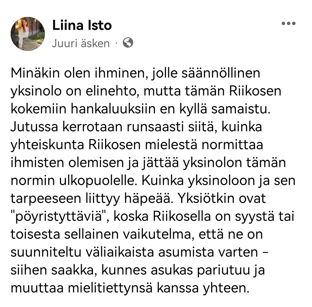 liinataussi's tweet photo. https://t.co/KnsQPQBqkq
Kyllä voivat kaksi introverttia - minä ja hän - olla eri maata kokemuksensa kanssa. Kirjoitin siitä muutaman kappaleen verran.
#introvertti #introversio https://t.co/i0lD3pG9aY