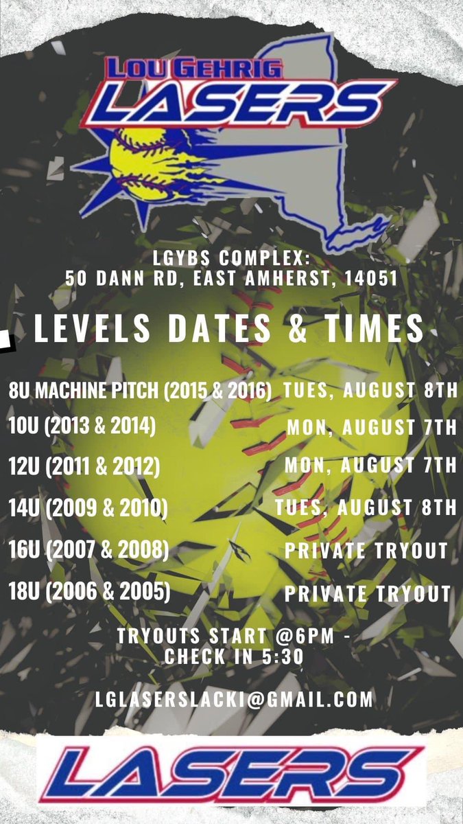 2023-2024 Lasers Travel Softball Tryouts

Please pre-register here;
forms.gle/MPHS9cfo3HmKcA…

For questions regarding the Lasers Travel Softball program, please contact Erin Lacki at lglaserslacki@gmail.com.

*All Tryouts start at 6:00 PM, Check-in will begin at 5:30 PM*