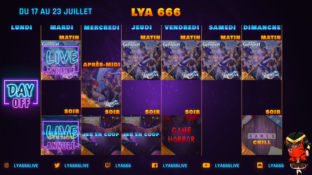 Coucou tout le monde, petit planning de la semaine, la co a l'air stable, on croise les doigts pour que ça reste comme ça 😉