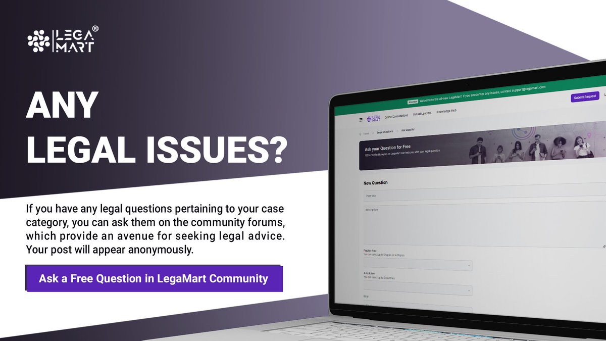⁉ ANY LEGAL ISSUES?
Ask a Free Question in LegaMart Community 🌐

📌 lnkd.in/eD_yPjTm
💡 1650+ Verified Lawyers on #LegaMart can help you with your legal question.

#legalcommunity #OnlineLegalConsultations #LegalAdvice