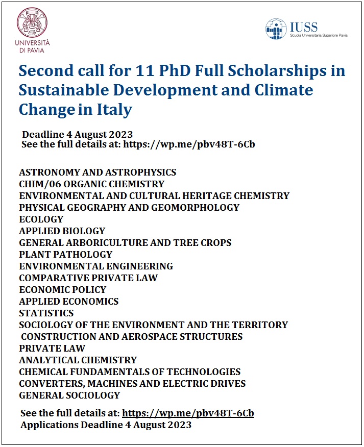 📌 11 PhD Scholarships in Sustainable Development and Climate Change at The University Institute of Higher Studies of Pavia (IUSS), Italy 🇮🇹... Please Retweet and spread the word! For details visit: wp.me/pbv48T-6Cb