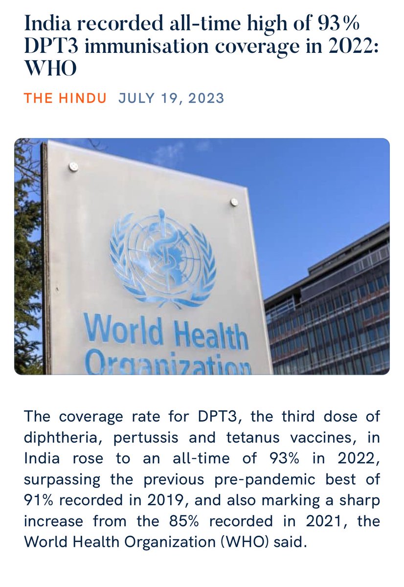 India recorded all-time high of 93% DPT3 immunisation coverage in 2022: WHO thehindu.com/news/national/… via NaMo App