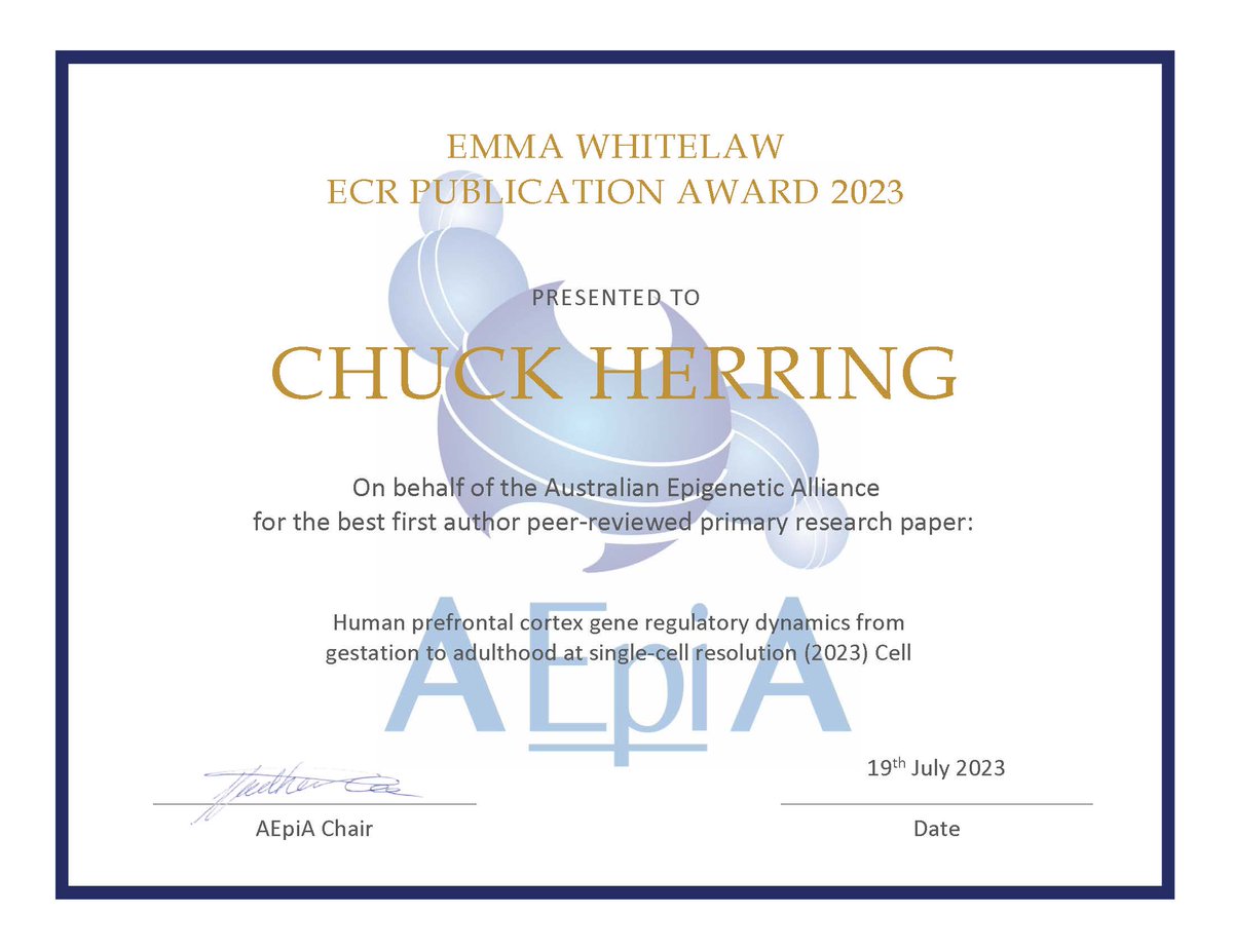 AEpiA's tweet photo. ✨ANNOUNCEMENT✨

The winner of the Emma Whitelaw ECR Publication award is Chuck Herring @Chuck_Herring

For his article: Human prefrontal cortex gene regulatory dynamics from gestation to adulthood at single-cell resolution, published in @CellCellPress https://t.co/zdYkZApMOB https://t.co/4DA14dq34R