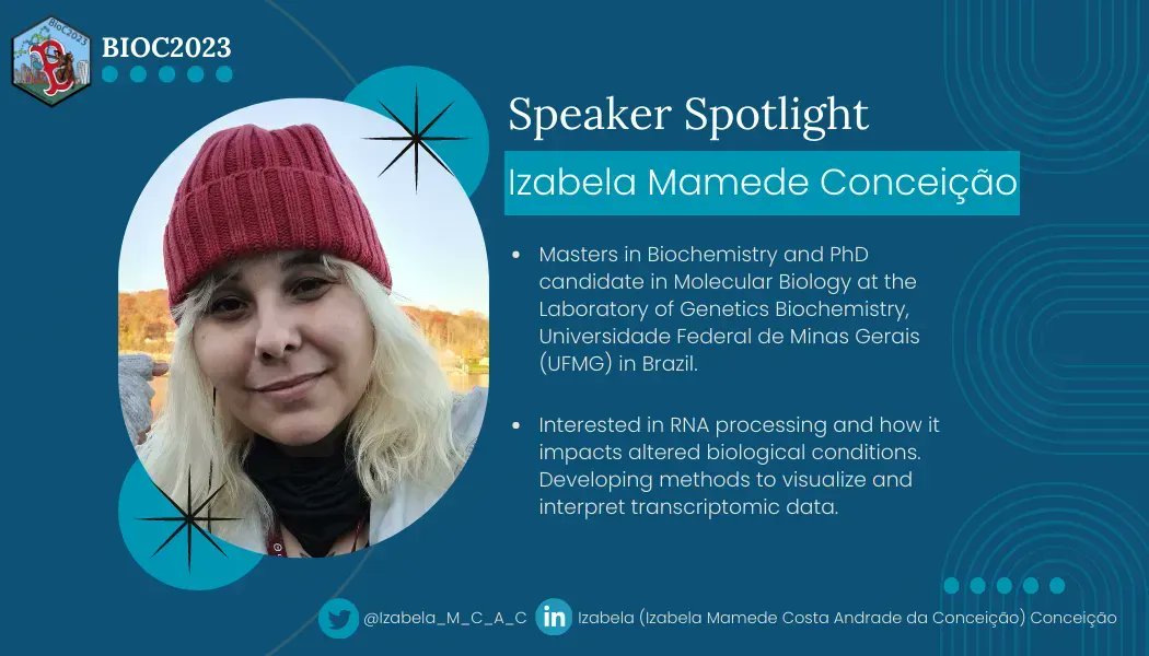 **Speaker Spotlight **

Izabela Mamede Conceição

Twitter: <a href="/Izabela_M_C_A_C/">Izabela Mamede</a>
LinkedIn: buff.ly/3JlACS1 

Her #BioC2023 talk will be on Isoformic: Isoform level biological interpretation from transcriptomic data

BioC2023 Schedule: buff.ly/3O1mjVq
