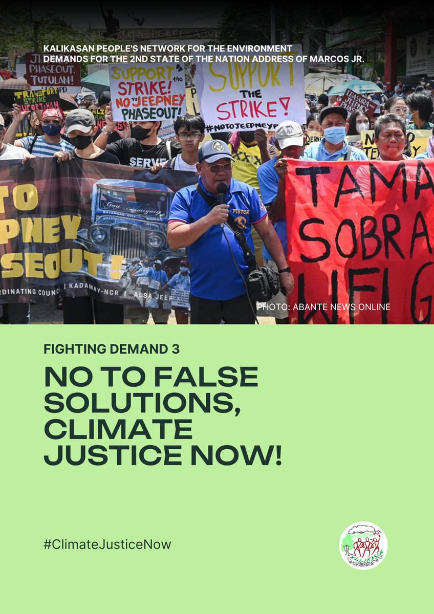 With the upcoming second SONA of Marcos Jr., Kalikasan PNE joins the Filipino people in pushing for accountability and genuine, pro-people, pro-planet action from the administration. DEMAND 3 No to false solutions, climate justice now!