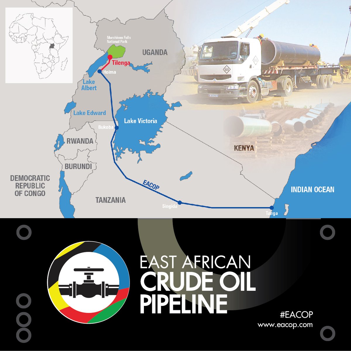EACOP_'s tweet image. #EACOP runs 1,443km from Kabaale, #Hoima district in #Uganda to the Chongoleani Peninsula near Tanga Port in #Tanzania.
