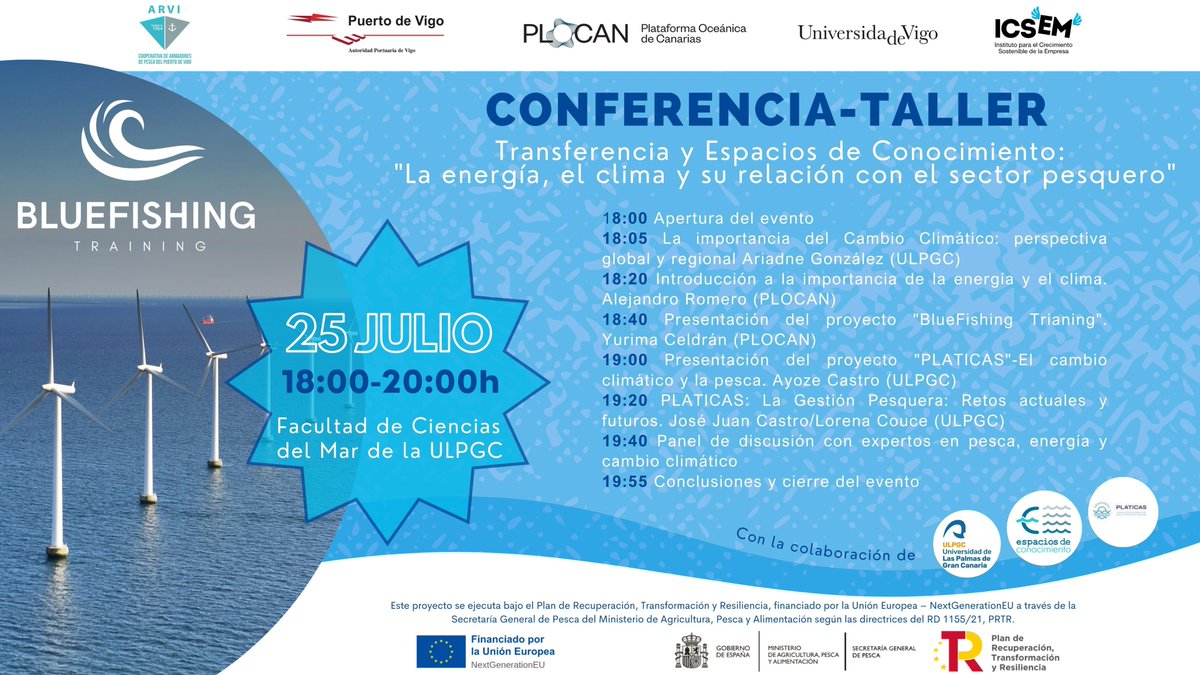 🔬🌊El 25 de julio ven a nuestro taller, que organizamos con la <a href="/ULPGC/">ULPGC</a>, para destacar la labor de la ciencia en el entorno marino.

🗣️Compartiremos conocimientos sobre la energía, el clima, y los proyectos que lideramos en el sector pesquero: <a href="/BlueFishingT/">BlueFishing Training</a> y #PLATICAS.

#ICTSNews