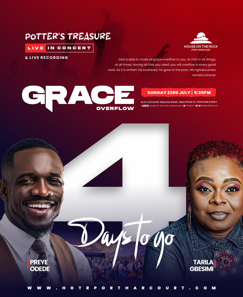 HOTRphc's tweet photo. Mark your calendars for the Potter's Treasure Live in Concert – Themed Grace Overflow to be held on July 23rd, 2023. 

Joining Potter’s treasure are esteemed ministers like  Prinx Emmanuel, Sista Mercie, Doris Francis, Faithful Banuna, Tarila Gbesimi, Preye Odede, &amp; Pastor Lanre. https://t.co/3sKDJN9fXH