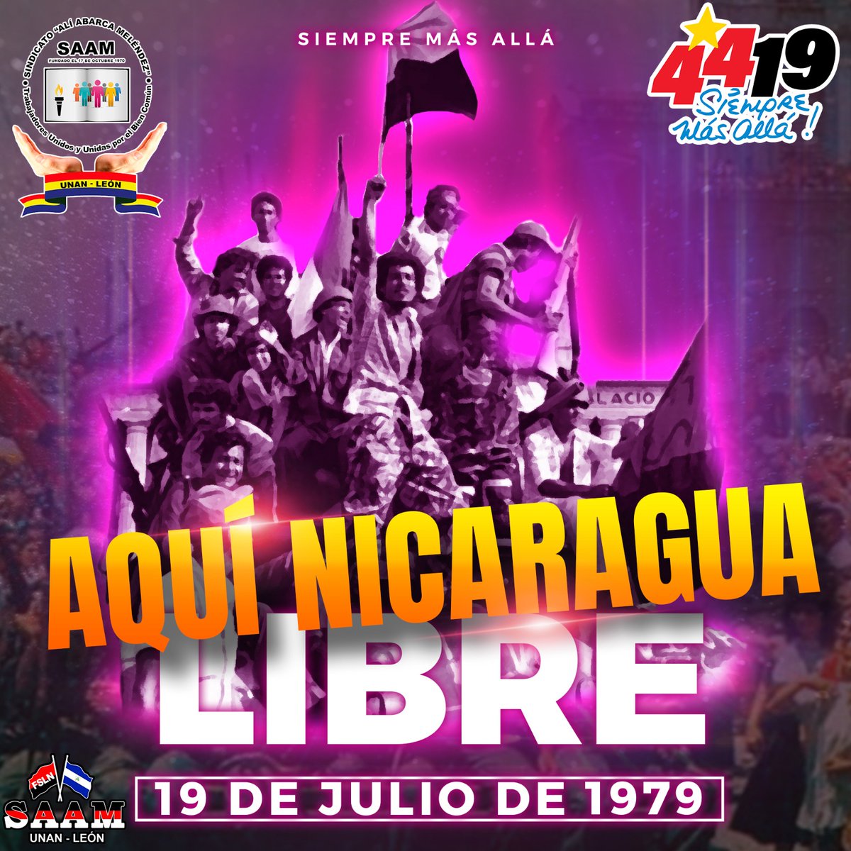En #Nicaragua siempre será 19 de Julio! AQUÍ NICARAGUA LIBRE 🇳🇮🥳❤️🖤✊🏼 Los Trabajadores/as Administrativos/as del Sindicato Alí Abarca Meléndez de la UNAN-León honramos a nuestros Héroes y Mártires que ofrendaron su vida por la Liberación de nuestra Nic. #4419VivaLaRevolución