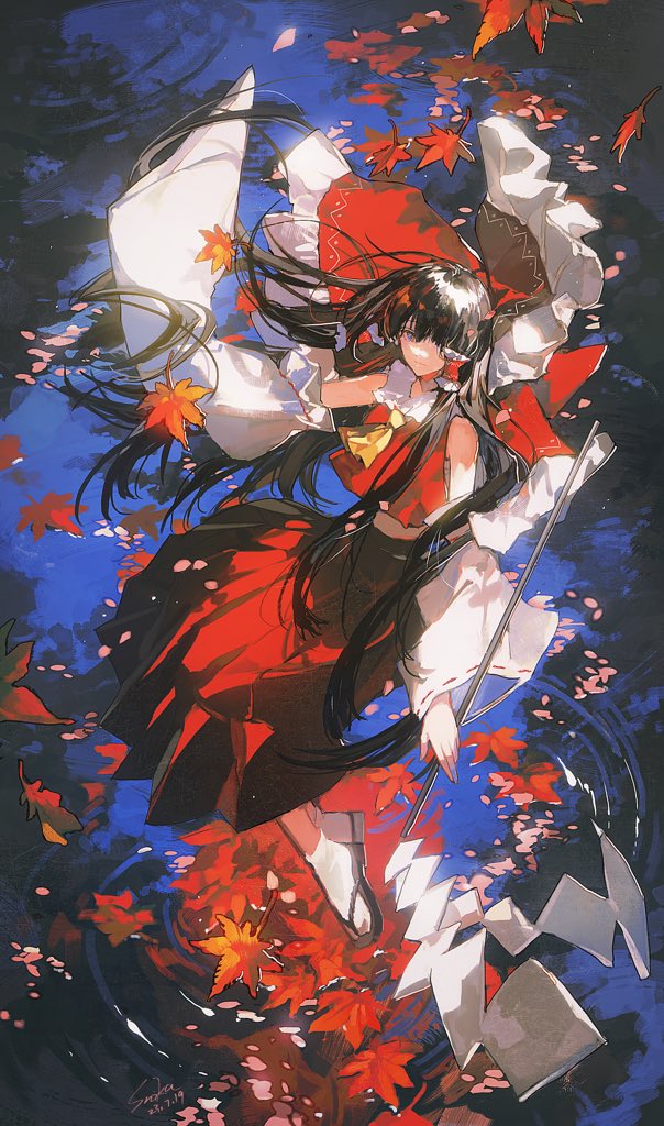 hakurei reimu 1girl solo long hair red bow bow red skirt detached sleeves  illustration images