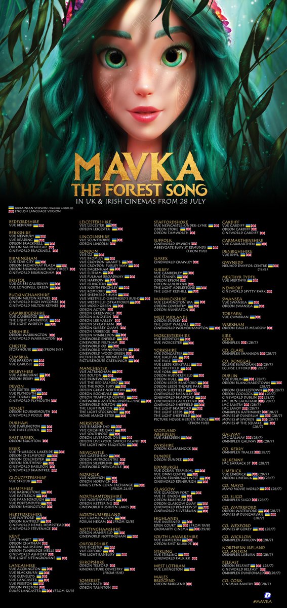 We are excited to bring #Mavka The Forest Song to UK &amp; Irish cinemas in just over one week, from 28th July!

Both the Ukrainian version (w/English subtitles) and English language versions will be showing! Experience it on the big screen ❤️🇺🇦

Book now: linktr.ee/DazzlerMedia