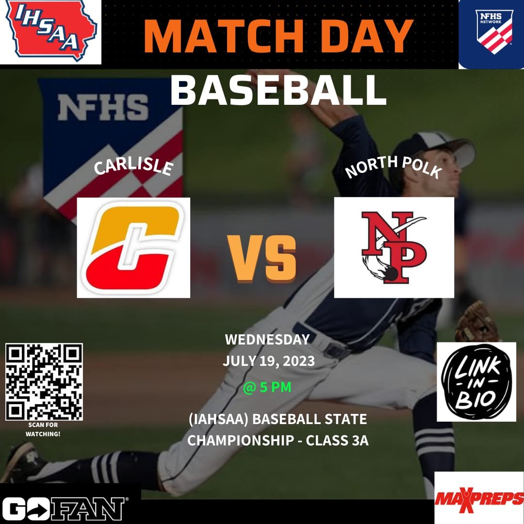 IAHSAA SPORT (@iahsaa_sport) on Twitter photo 🏆2023 IHSAA BASEBALL-CLASS 3A
⚾CARLISLE🆚NORTH POLK
📺Live Stream On: bit.ly/Livestreamhsba…
🗓Today, July 19
⏰5 PM
<a href="/NorthPolkCSD/">North Polk CSD</a> <a href="/northpolkcomets/">North Polk Activities</a> <a href="/NP_BoosterClub/">North Polk Athletic Booster Club</a> <a href="/NPolkbaseball/">North Polk Baseball</a> <a href="/CoachTebrink/">Coach TeBrink</a> <a href="/MehlerMatt/">Matt Mehler</a> <a href="/CMSWildcatPride/">Carlisle Middle School</a> <a href="/CHSCatsBoosters/">Carlisle Wildcat Boosters</a> <a href="/Carlisle_BSBL/">Carlisle Baseball</a> <a href="/Carlislematcats/">Carlisle Wrestling</a> 🏆2023 IHSAA BASEBALL-CLASS 3A
⚾CARLISLE🆚NORTH POLK
📺Live Stream On: bit.ly/Livestreamhsba…
🗓Today, July 19
⏰5 PM
<a href="/NorthPolkCSD/">North Polk CSD</a> <a href="/northpolkcomets/">North Polk Activities</a> <a href="/NP_BoosterClub/">North Polk Athletic Booster Club</a> <a href="/NPolkbaseball/">North Polk Baseball</a> <a href="/CoachTebrink/">Coach TeBrink</a> <a href="/MehlerMatt/">Matt Mehler</a> <a href="/CMSWildcatPride/">Carlisle Middle School</a> <a href="/CHSCatsBoosters/">Carlisle Wildcat Boosters</a> <a href="/Carlisle_BSBL/">Carlisle Baseball</a> <a href="/Carlislematcats/">Carlisle Wrestling</a>