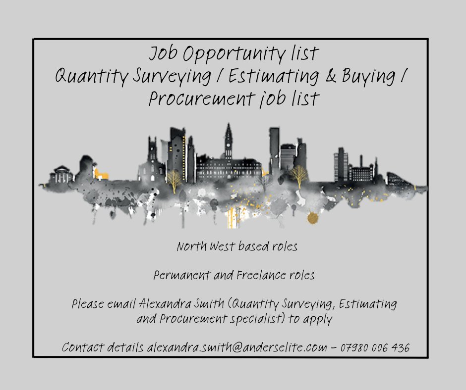 Job List - Quantity Surveying, Estimating & Buying Recruitment Specialist Alexandra Smith 07980006436 alexandra.smith@anderselite.com #quantitysurveyor #estimator #estimating #constructionjobs #build #job #construction  #building #quantitysurveying #qs 
https://t.co/chb7WTbcoM https://t.co/cjh5VW9Y25