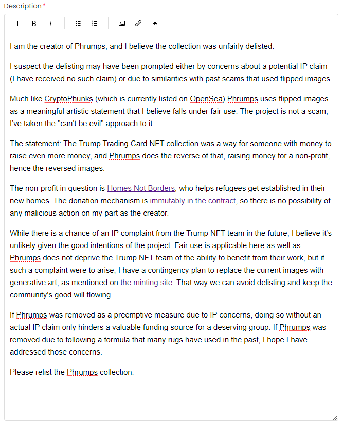MikeSylphDapps's tweet photo. I realized last night that @opensea delisted Phrumps 🫠 https://t.co/gKtijiLjTe