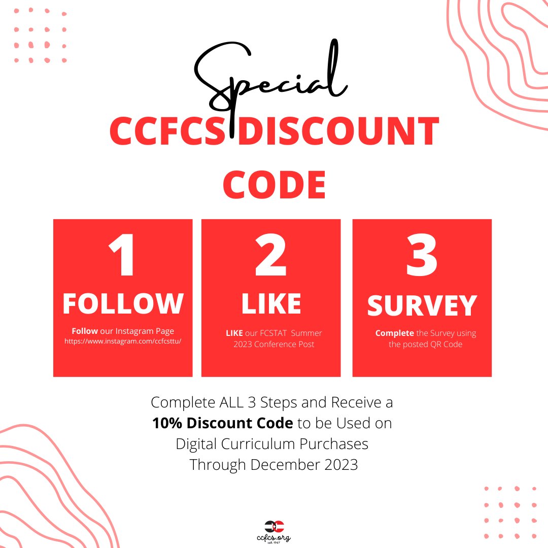 FCSCenter's tweet photo. Stop by our FCSTAT Exhibit table today, complete our survey, and receive a 10% discount when you purchase our digital curriculum!
#fcstat #ccfcs #ttu #fcse #fcsettu https://t.co/pAoKEpsJ25