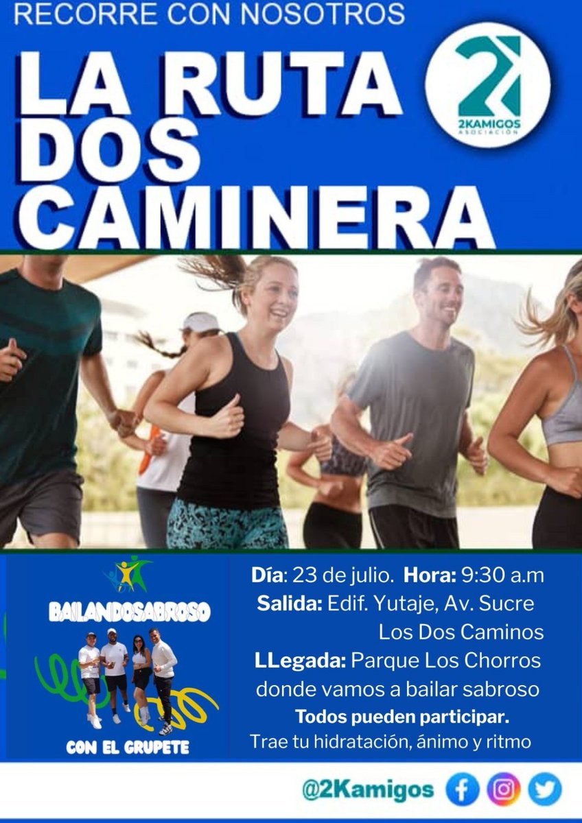 asoamigos2k's tweet image. Te esperamos este domingo 23 de julio a las 9:30 am a participar de la "Ruta Dos Caminera" y pasar una mañana diferente. 
Disfrutaremos de la bailoterapia del equipo "bailando sabroso con el grupete".
Salida desde el Edif. Yutaje en la Av Sucre hasta llegar al parque Los Chorros
