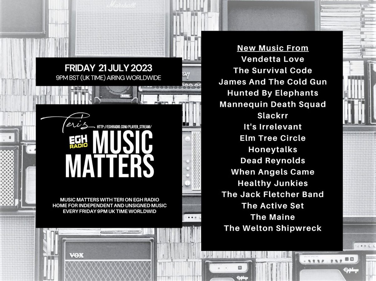 Teri's MusicMatters (@musicmatters_t) on Twitter photo Friday 9pmUK #worldwide #TuneIn
<a href="/EGHRadio/">EGH Radio</a> #MusicMatters
🔊station.voscast.com/52b23f79d834e
Listen to the great new music fr. <a href="/VendettaLove_/">Vendetta Love</a> <a href="/TheSurvivalCode/">The Survival Code</a> <a href="/andthecoldgun_/">JAMES AND THE COLD GUN</a> <a href="/huntbyelephants/">Hunted By Elephants 🐘</a> <a href="/MannequinDsquad/">Mannequin Death Squad</a> <a href="/Slackrr_/">Slackrr</a> #ItsIrrelevant <a href="/ElmTreeCircle/">Elm Tree Circle</a>
facebook.com/MusicMattersWi…
#NewMusicAlert Friday 9pmUK #worldwide #TuneIn
<a href="/EGHRadio/">EGH Radio</a> #MusicMatters
🔊station.voscast.com/52b23f79d834e
Listen to the great new music fr. <a href="/VendettaLove_/">Vendetta Love</a> <a href="/TheSurvivalCode/">The Survival Code</a> <a href="/andthecoldgun_/">JAMES AND THE COLD GUN</a> <a href="/huntbyelephants/">Hunted By Elephants 🐘</a> <a href="/MannequinDsquad/">Mannequin Death Squad</a> <a href="/Slackrr_/">Slackrr</a> #ItsIrrelevant <a href="/ElmTreeCircle/">Elm Tree Circle</a>
facebook.com/MusicMattersWi…
#NewMusicAlert