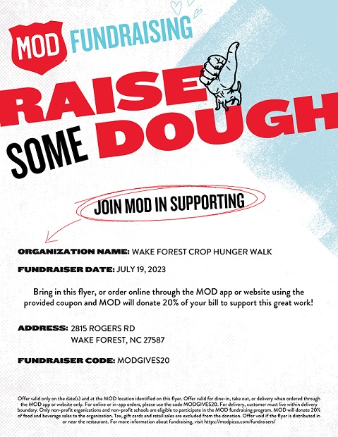 Don't forget to Support the Crop Hunger Walk at our Mod Pizza Fundraiser.  Today from 11am to 11pm.  You need to bring the flyer or enter the code.