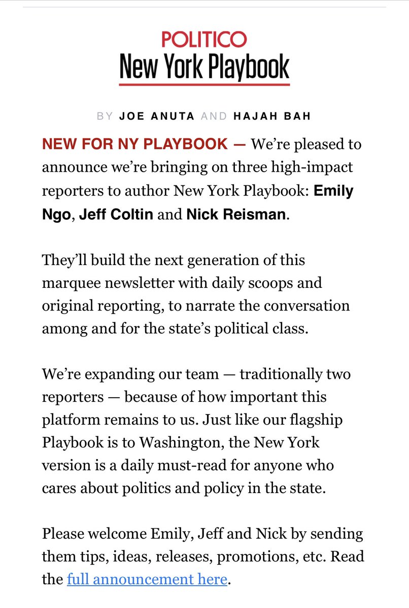 emilyngo's tweet image. !! @JCColtin @NickReisman and I coming at you soon with everything you’ll want and need to know about New York politics. Sign up here to get Playbook (and check out @joeanuta @Hajahbah1’s look today at the Rikers power struggle): politico.com/newsletters/ne…