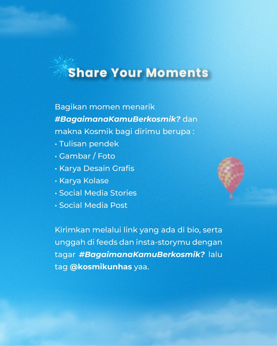 Selamat Ulang Tahun Kosmik yang ke-34 ✨

19 Juli menjadi hari yang spesial dan penuh makna bagi Kosmik dan mereka yang bernaung di dalamnya. 

Yuk bagikan momen #BagaimanaKamuBerkosmik? berupa tulisan, gambar, karya, hingga feeds dan instastory. Simak postingan ini selengkapnya.
