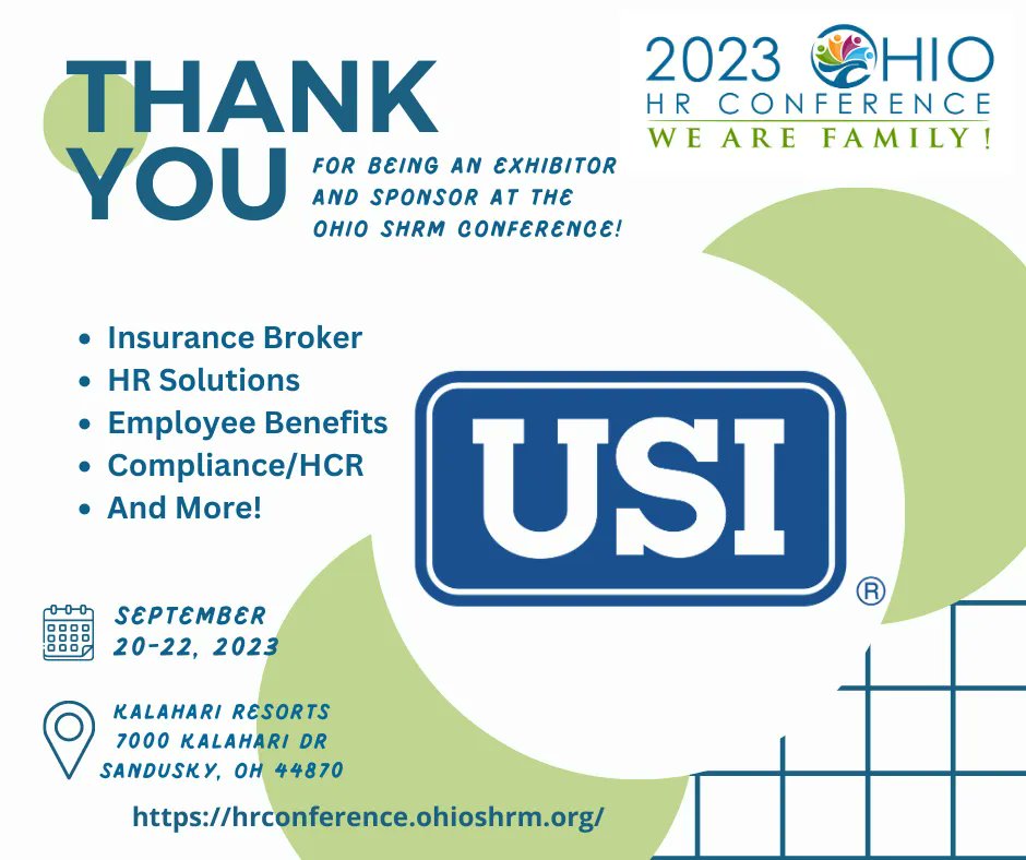 A BIG Thank You to USI for being an Exhibitor, and Sponsor of the Thursday Night Social Event, at the Ohio SHRM Conference!!! #shrmcp #shrmscp #usi #ohshrm23 buff.ly/2FbcfVi