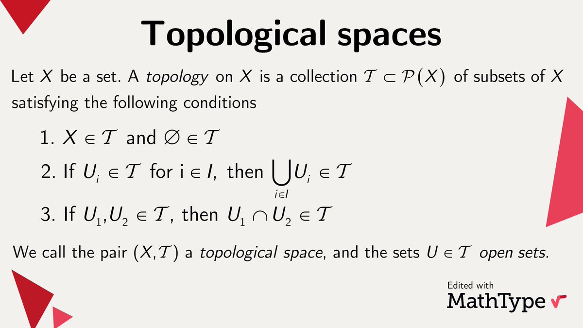MathType's tweet photo. A topological space is a geometrical space where we can define the notion of closeness but where there's not necessarily a distance to measure it. Topological spaces are a fundamental concept used in every modern mathematics branch.

#MathType #math  #mathfacts https://t.co/8g8KkVrIzf