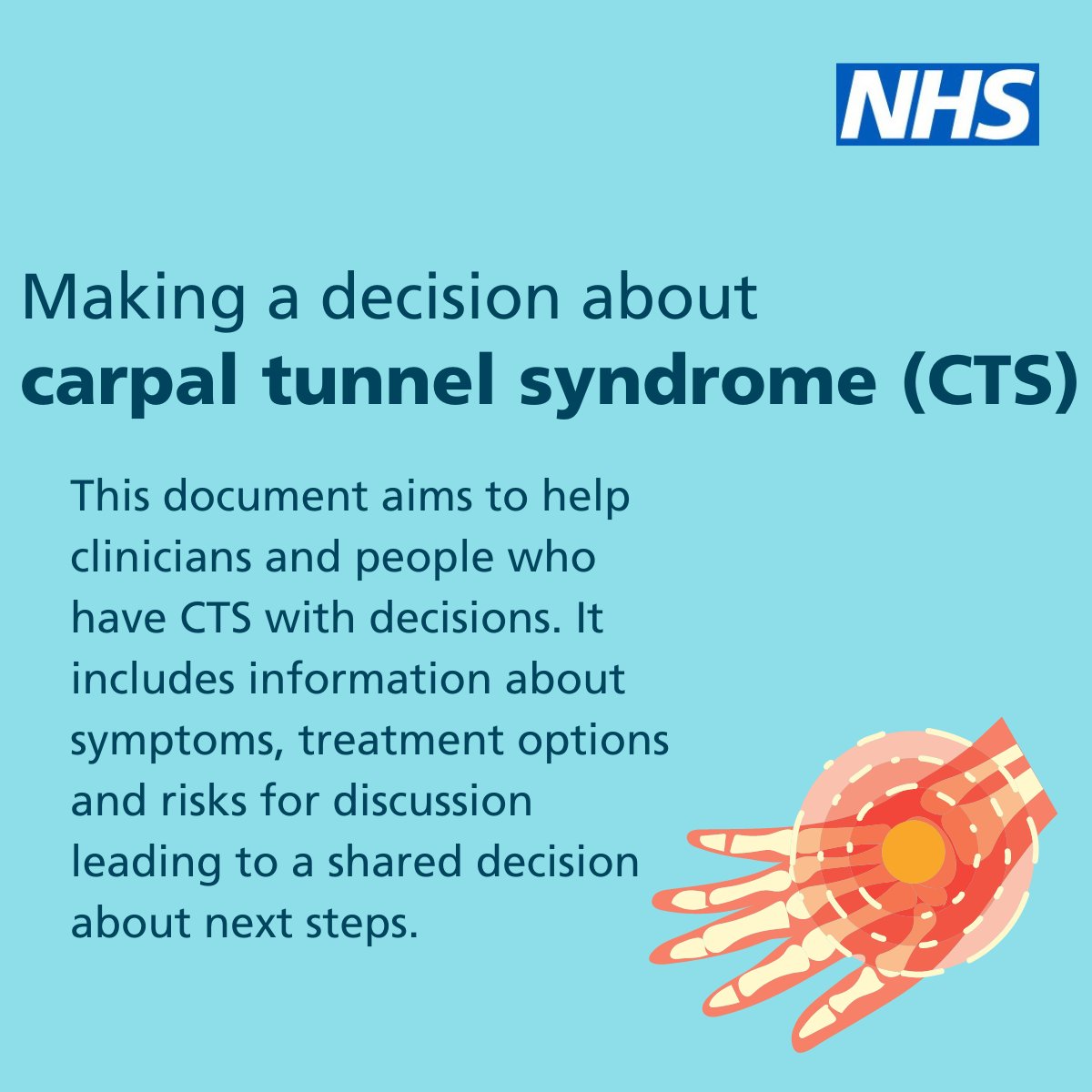 Carpal tunnel syndrome (CTS) decision support tool supports #SharedDecisionMaking conversations between clinician and patient by explaining treatment, care and support options to help the patient consider what matters most to them.

england.nhs.uk/decision-suppo…

#BestMSKHealth