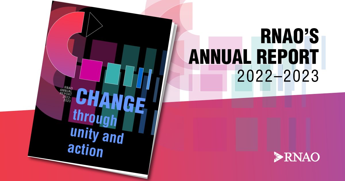 #ICYMI: During #RNAOAGM, RNAO CEO @DorisGrinspun unveiled our 2022-2023 annual report themed— Change through Unity & Action. Our report explores how members contribute to our healthy public policy work & help inform our evidenced-based #BPG program. Read: RNAO.ca/about/annual-r…