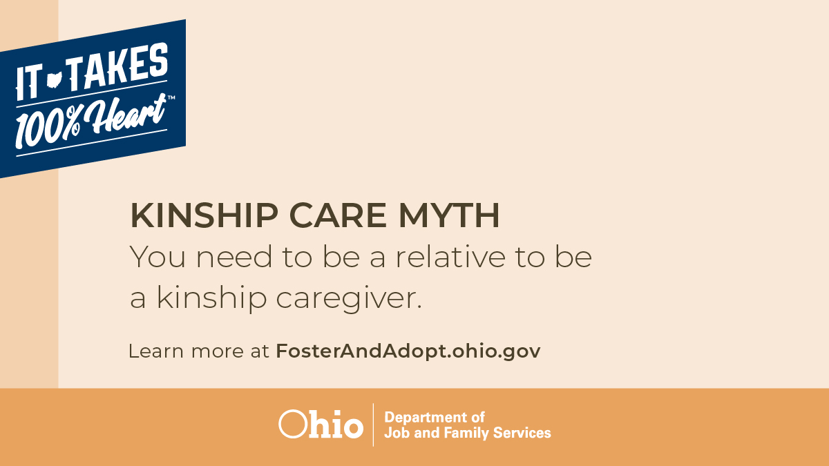 You don't need to be a relative to be a kinship caregiver! Kinship care is about providing a loving home for a child in need. You can do it if you're a family friend or neighbor! Learn more about kinship caregiving at FosterAndAdopt.ohio.gov #KinshipInOhio