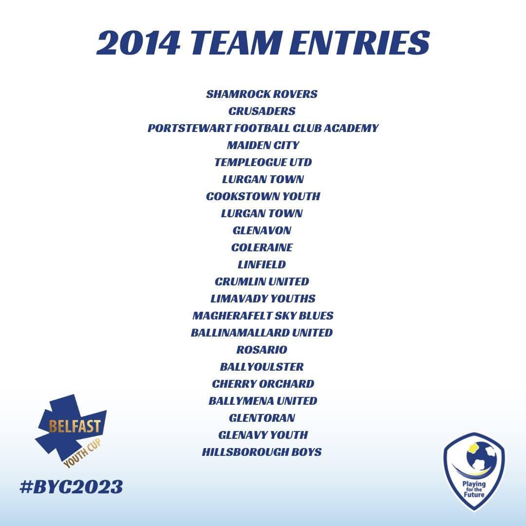 2014 Entries I #BYC2023 

2014 team entries. Others to follow with one list of entries being released each day. 

Still some limited spaces available at some age groups. Apply today 👉 forms.gle/598YVwDHjHLEUo…

<a href="/UlsterUniSport/">Ulster Uni Sport</a> <a href="/PlayingftFuture/">PlayingfortheFuture</a> <a href="/BelLiveSport/">Belfast Live Sport</a>