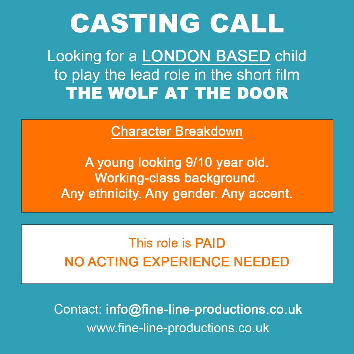 CASTING CALL: looking for a young looking 9/10 year old child from a working-class background to play the lead role in our short film THE WOLF AT THE DOOR. Shooting in September (dates tbc) in London. 

Please share and get in touch - info@fine-line-productions.co.uk