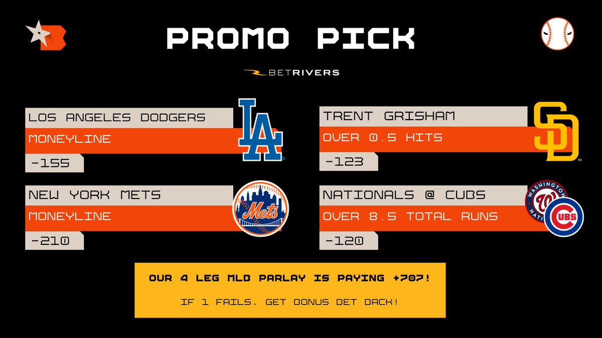 bestpicksdotcom's tweet image. Tonight's Juicy Promo Pick comes to you from our official partners @BetRivers 🤑

Place a 4+ Leg MLB Parlay and if 1 fails you get a bonus bet back up to $25 🤝

1⃣Dodgers ML (-155)
2⃣Mets ML (-210)
3⃣Grisham 1+ Hit (-123)
4⃣WAS@CHC Over 8.5 (-120)

💰 4 Leg Parlay = +707 💰
#MLB