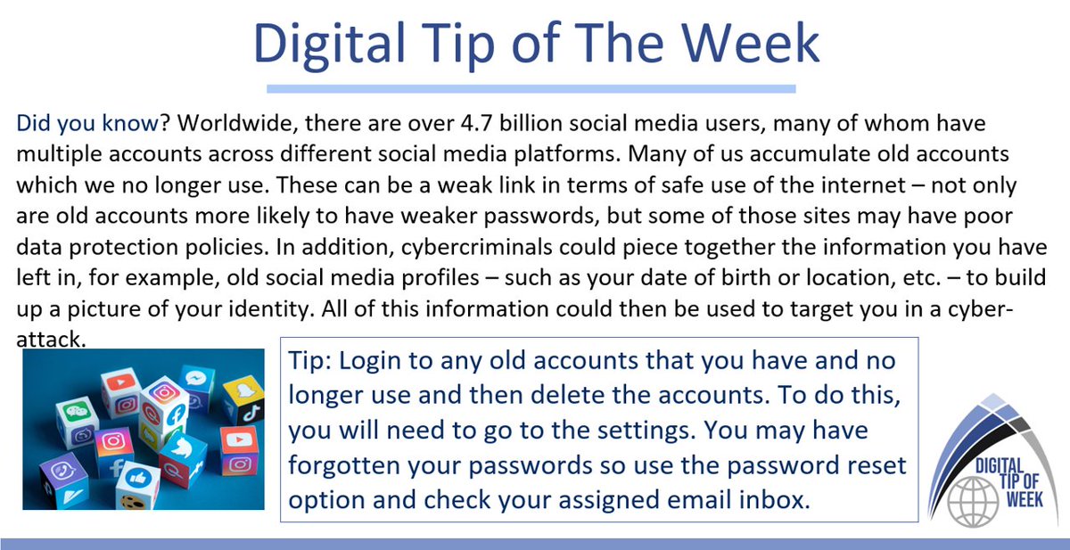 ComputingTac's tweet image. Our final tip of this academic year focuses on the importance of monitoring your own social media accounts and deleting those that are no longer used, to reduce the threat of cyber crime. Have a safe and responsible digital summer🌞 #TAC #OnlineSafety #DigitalTipoftheWeek