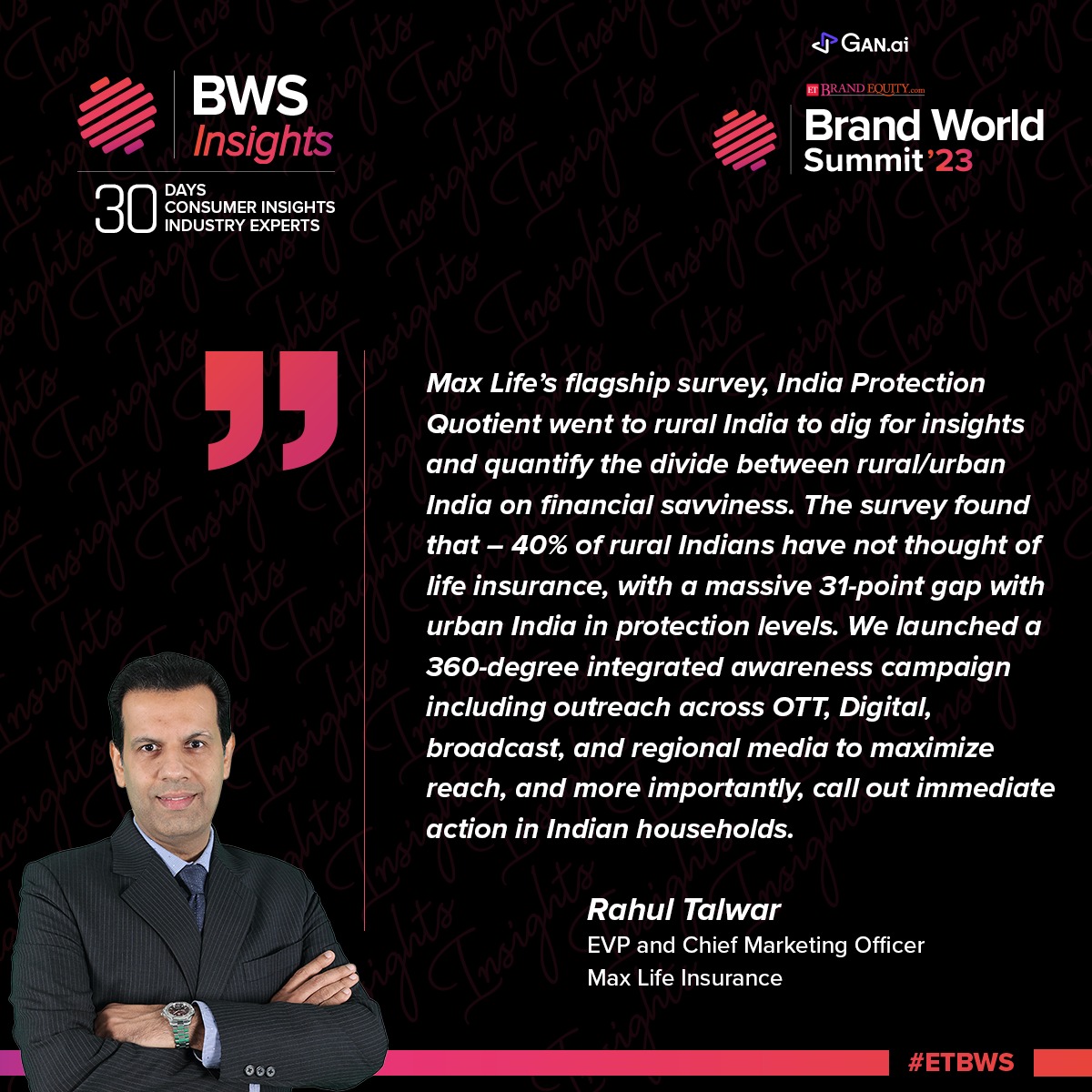 #RahulTalwar, Executive Vice President and Chief Marketing Officer at @MaxLifeIns, as he sheds light on the consumer insights of the brand. 

Know More: bit.ly/3P4D0jw

#ETBWS #BrandsWorldSummit #Ads #Branding #Agency