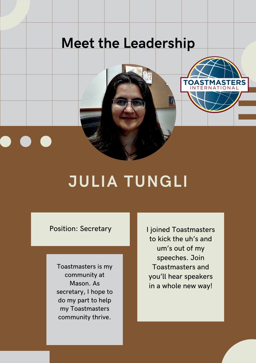 Happy Hump Day <a href="/gmutoastmasters/">GMU Toastmasters</a>! Today’s feature is our Secretary, Julia Tungli! She joined Toastmasters last year and has already contributed so much to our club. We are excited to have you on our leadership team! #TellYourStory #GMUToastmasters #Toastmasters #GMU