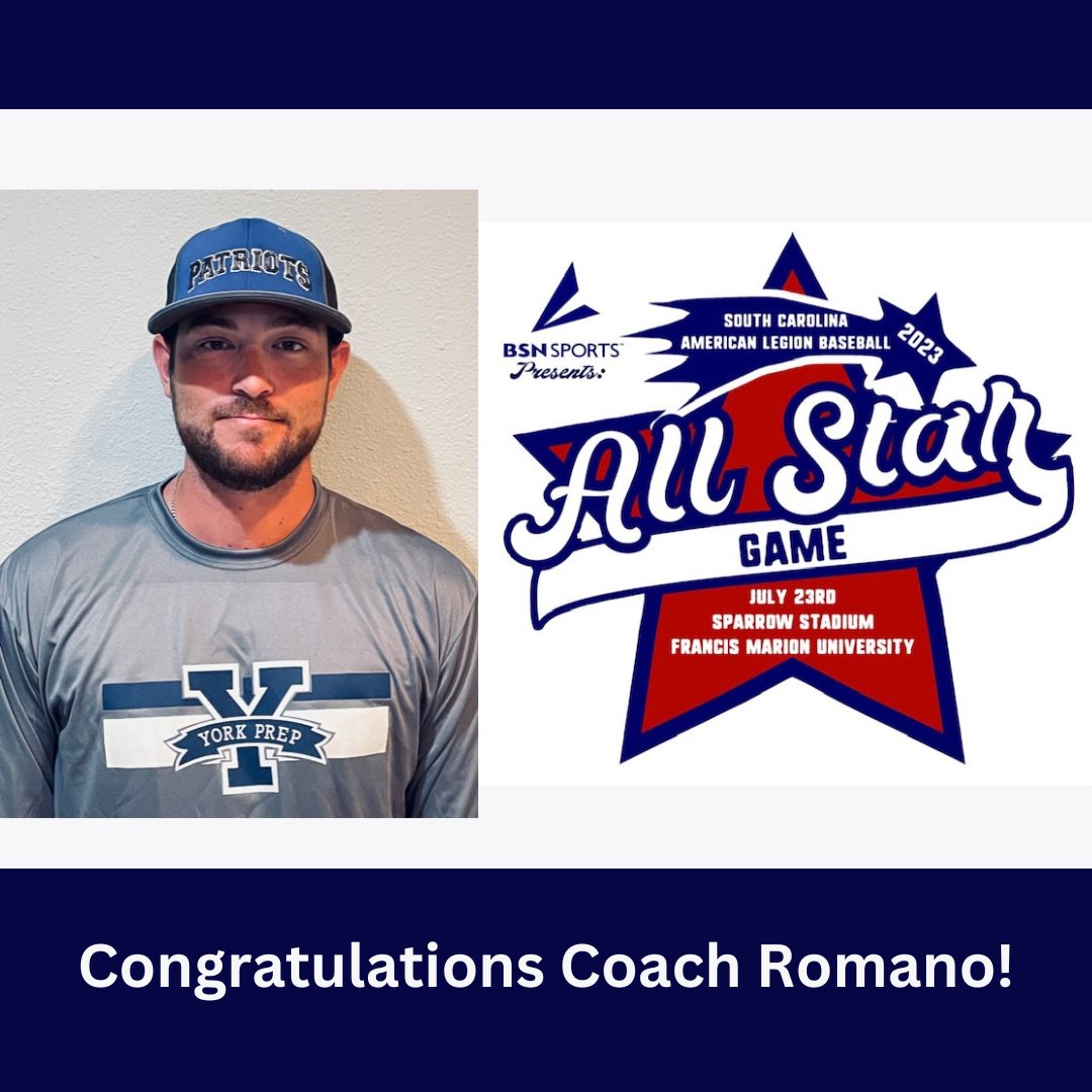 HUGE shoutout to York Prep Varsity Baseball Coach, Jonathan Romano who was selected as a coach for the first South Carolina American Legion Baseball All Star Game this Sunday at Francis Marion University! Congratulations and good luck!!!

#WeAreYorkPrep  #PatriotNation https://t.co/jJcIu4wQyw