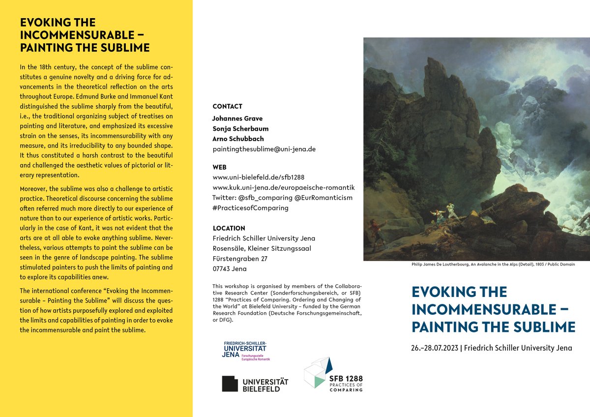 sfb_comparing's tweet photo. 📣#Vormerken:
Wir freuen uns auf den #Workshop "Evoking the Incommensurable – Painting the Sublime" @UniJena, organisiert von den #SFB1288-Mitgliedern @JohannesGrave, #SonjaScherbaum und #ArnoSchubbach. Start: Mittwoch (26.07.)!
@dfg_public @EurRomanticism 
#Vergleichspraktiken https://t.co/Ttl16v7ByW