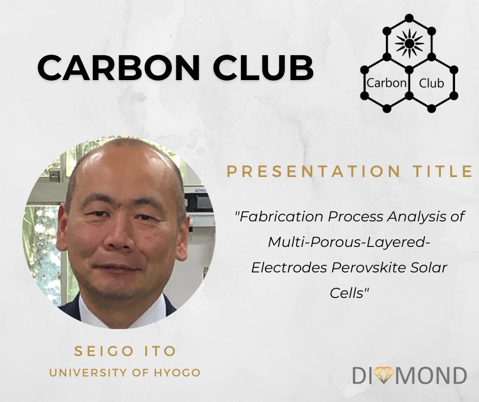 🌟 Joining the #CarbonClub will be Seigo ITO, from University of Hyogo, with a presentation entitled 'Bifacial Mesoscopic triple oxide perovskite solar cells'🌟
FREE registration at lnkd.in/dF9tdSJD
Abstract submissions close on August 1st
#DIAMONDeuproject #PSCdiamond