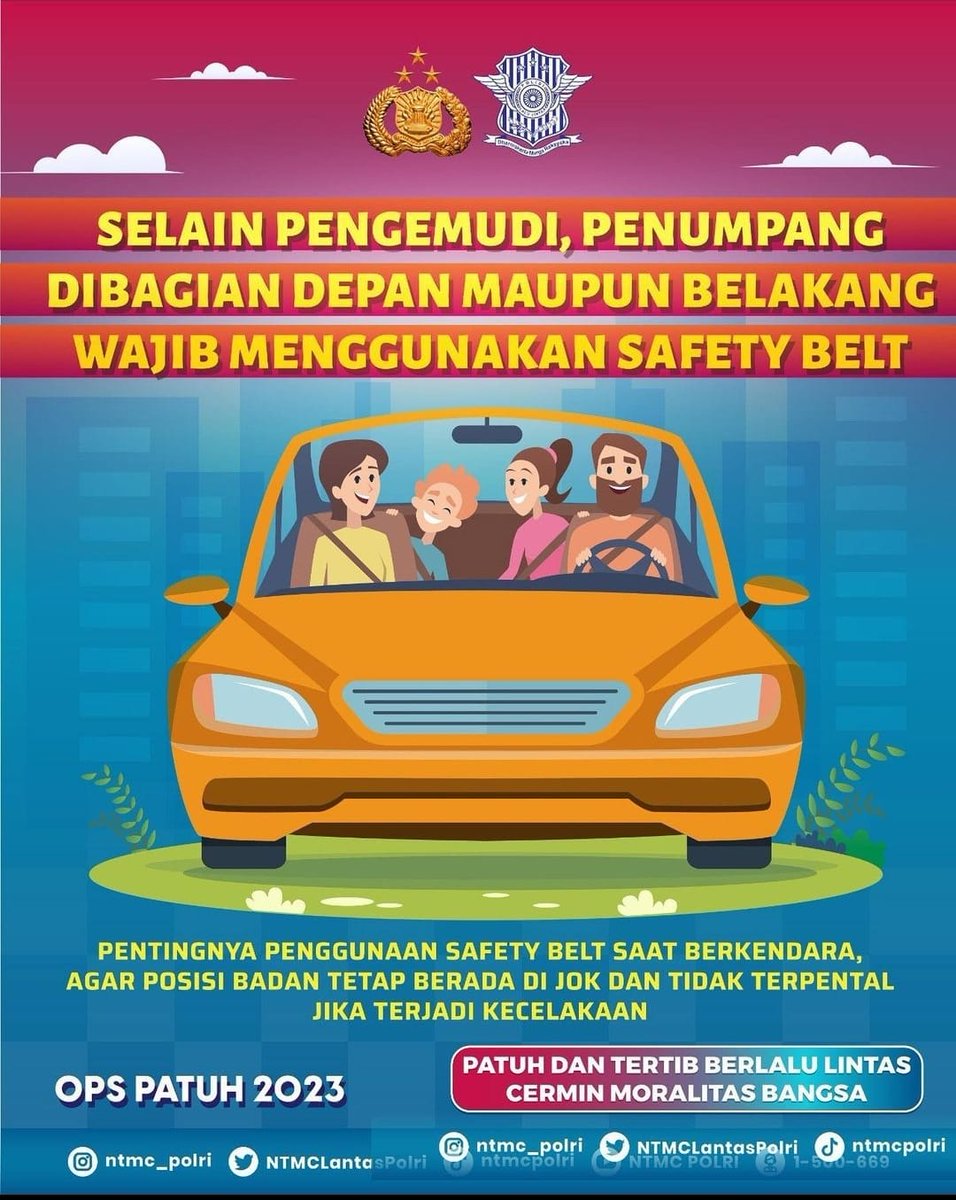 Mari sayangi diri sendiri, sayangi keluarga dan sayangi orang lain dengan selalu memperhatikan keamanan dalam berkendara khususnya pemakaian safety belt saat mengemudi kendaraan Roda Empat. #ntmcpolri #korlantaspolri #polripresisi #polantasjatim #tertibitukeren