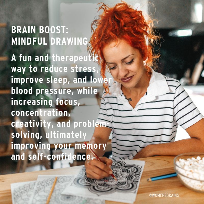 Brain benefits of mindful drawing include reduced stress, improved sleep, memory, concentration, & self-confidence, lower blood pressure, & increased creativity. It can also help provide a healthy distraction from trauma, grief, or pain. #brainboost #mindfuldrawing