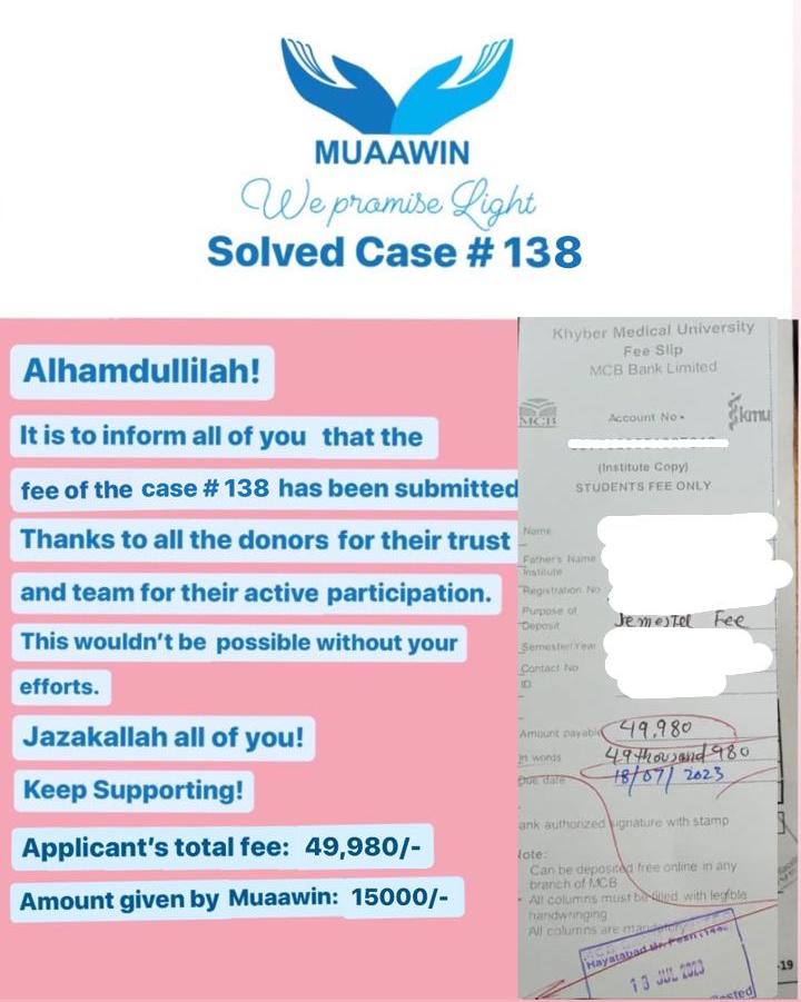 muaawin's tweet photo. Case # 13: Fee has been submitted. Tyam to all the donors who always trust Muaawin and the team for their hard work. You people are true strength of Muaawin.
Stay blessed♥️
#muaawin #wepromiselight #meinmuaawinhun #volunteers #helpers #appreciation #kindness #donate #i_am_muaawin https://t.co/2snpkQUAU3