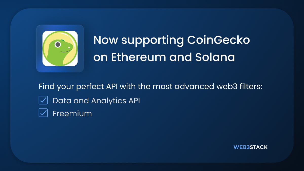 web3stackme's tweet image. Web3stack now supports @coingecko on Ethereum and Solana  
CoinGecko is the world's largest independent crypto data aggregator   
Vote for @coingecko as the best API  
Explore more web3 APIs on Web3stack