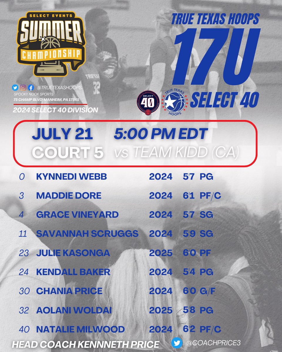 True Texas Hoops | Select 40 Circuit (@truetexashoops) on Twitter photo ✈️ MANHEIM, PA
📍 <a href="/SelectEventsBB/">Select Events Basketball</a> SUMMER CHAMPIONSHIP
🔹 TTH 17U S40 <a href="/CoachPrice3/">Coach Price</a>
🗓️ JULY 21, 2023
Starting our weekend off with big competition- our 2024’s / 2025’s are READY for their final stage this Summer!
Coaches, thank you all for the looks you’ve given these ✈️ MANHEIM, PA
📍 <a href="/SelectEventsBB/">Select Events Basketball</a> SUMMER CHAMPIONSHIP
🔹 TTH 17U S40 <a href="/CoachPrice3/">Coach Price</a>
🗓️ JULY 21, 2023
Starting our weekend off with big competition- our 2024’s / 2025’s are READY for their final stage this Summer!
Coaches, thank you all for the looks you’ve given these