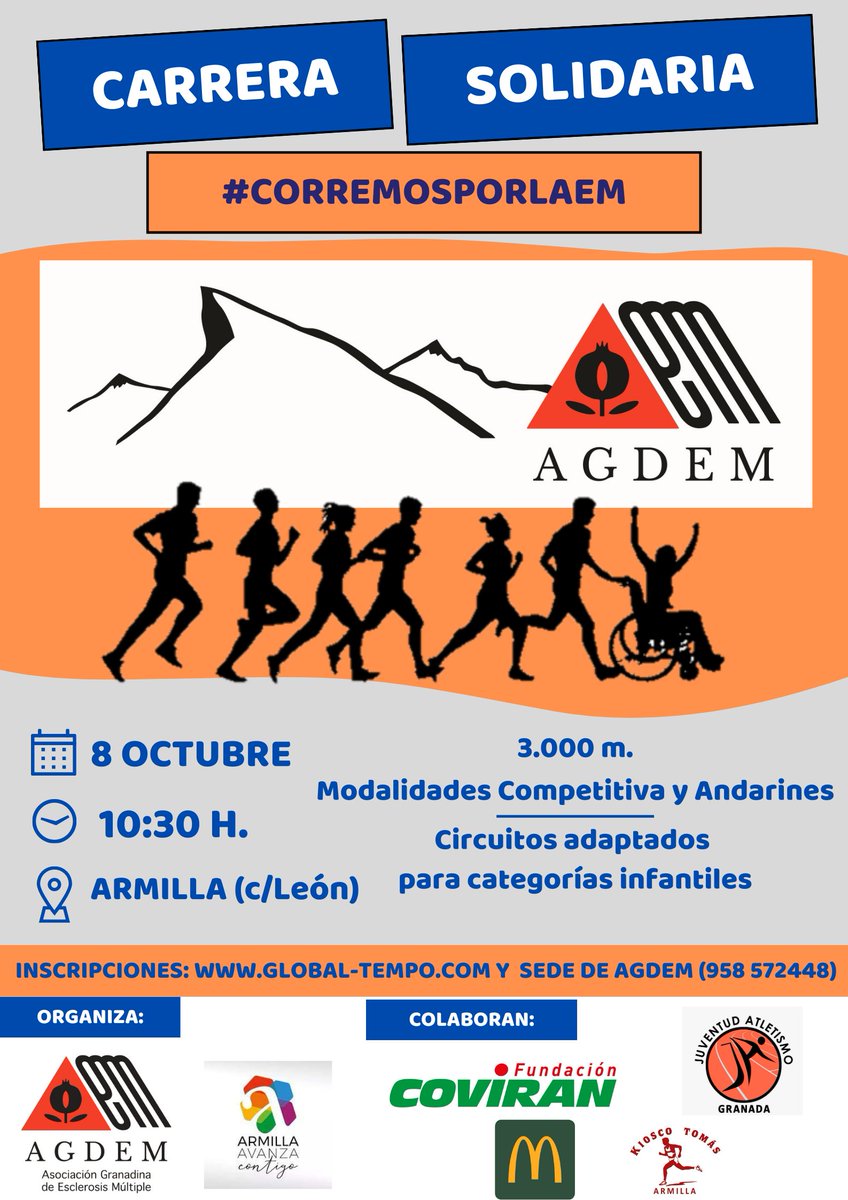 Ya tenemos fecha para nuestra Carrera Solidaria #corremosporlaEM de este año!!

📅Domingo 8 de octubre
⏰10:30 h
📌#Armilla

Anotad la fecha porque en breve abrimos las inscripciones!

Más info: global-tempo.com/carreras.php?i…