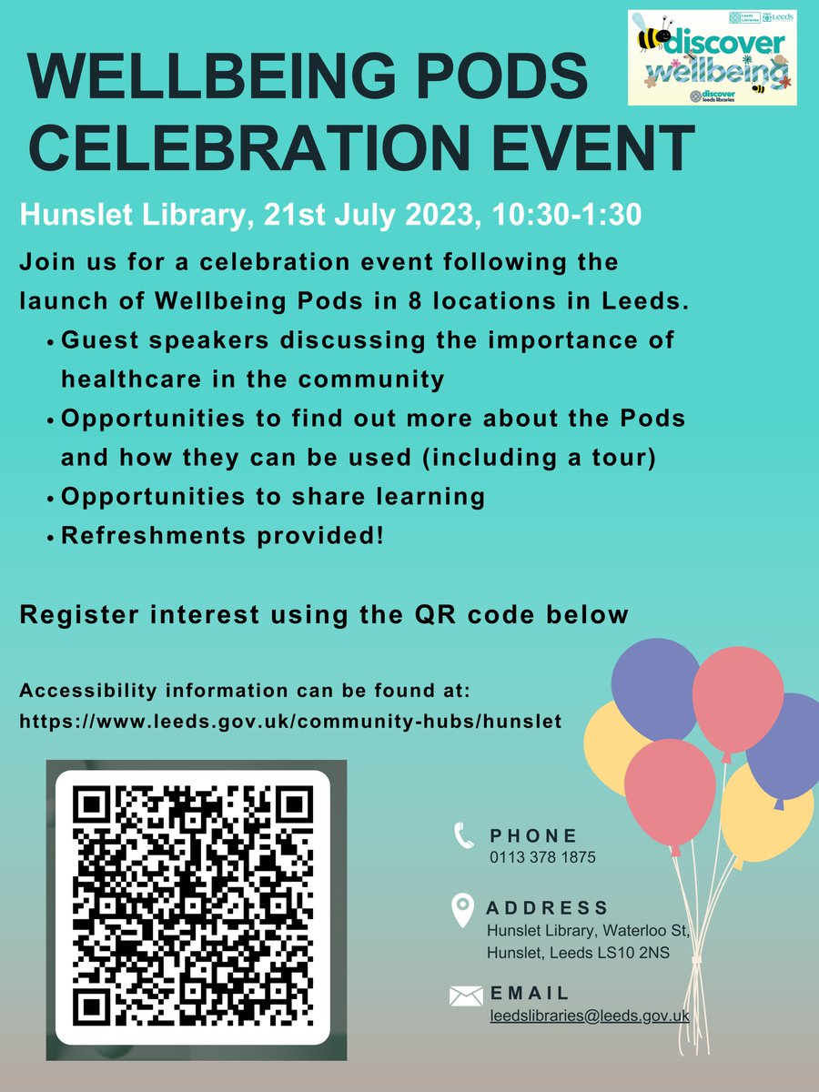 We are celebrating the official opening of 8 new Wellbeing Pods in libraries & community hubs across Leeds with an open morning on Friday. There’ll be speakers, refreshments, children’s activities, a visit from the storybus and information about family services. Open to all!