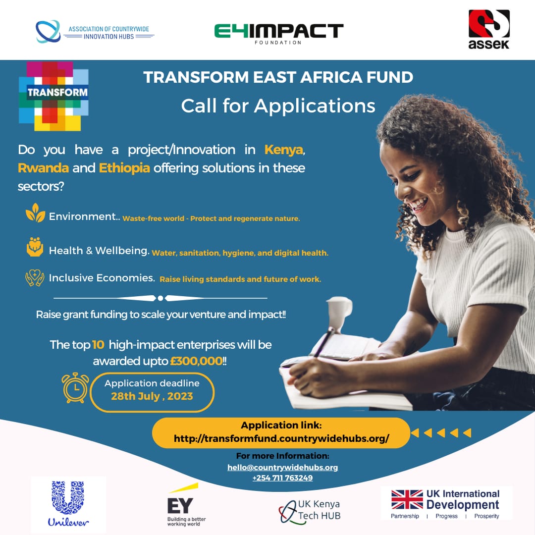 Are you an innovator in Kenya, Rwanda or Ethiopia looking to make an impact? 🇬🇧Transform East Africa Fund is taking applications for up to Ksh45.6 million funding to help make an impact in Environment, Health &amp; Wellbeing, or Inclusive Economies 💪
Apply ⬇️ transformfund.countrywidehubs.org/apply