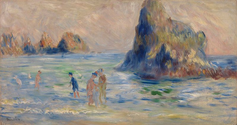 La @NationalGallery de Londres prête (🙏) un superbe tableau de Renoir à admirer dans #ExpoRenoirGuernesey @MuseeGiverny : 'La Baie du Moulin Huet, Guernesey', de 1883 ( huile sur toile, 29,2 x 54 cm). Cela sent l'été, les vacances, la baignade, tout ce qui rend heureux...